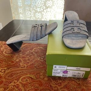 Tory Burch Ines Heel Mule Sandal 55MM Denim Suede in Blue Cloud Sz 8.5,BNIB,